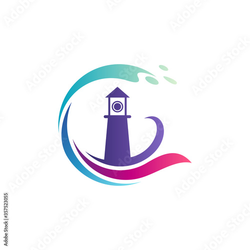 Initial letter C logo with lighthouse and wave shape