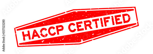 Grunge red HACCP (Hazard Analysis and Critical Control Point) certified word hexagon rubber seal stamp on white background