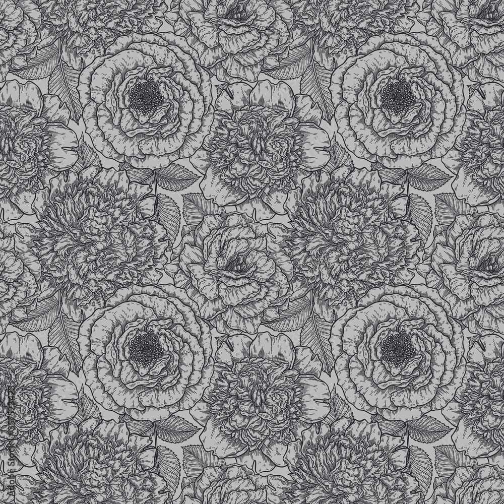 Seamless pattern with roses flower hand drawn in lines. Black and white monochrome graphic doodle elements. Isolated vector illustration, template for design