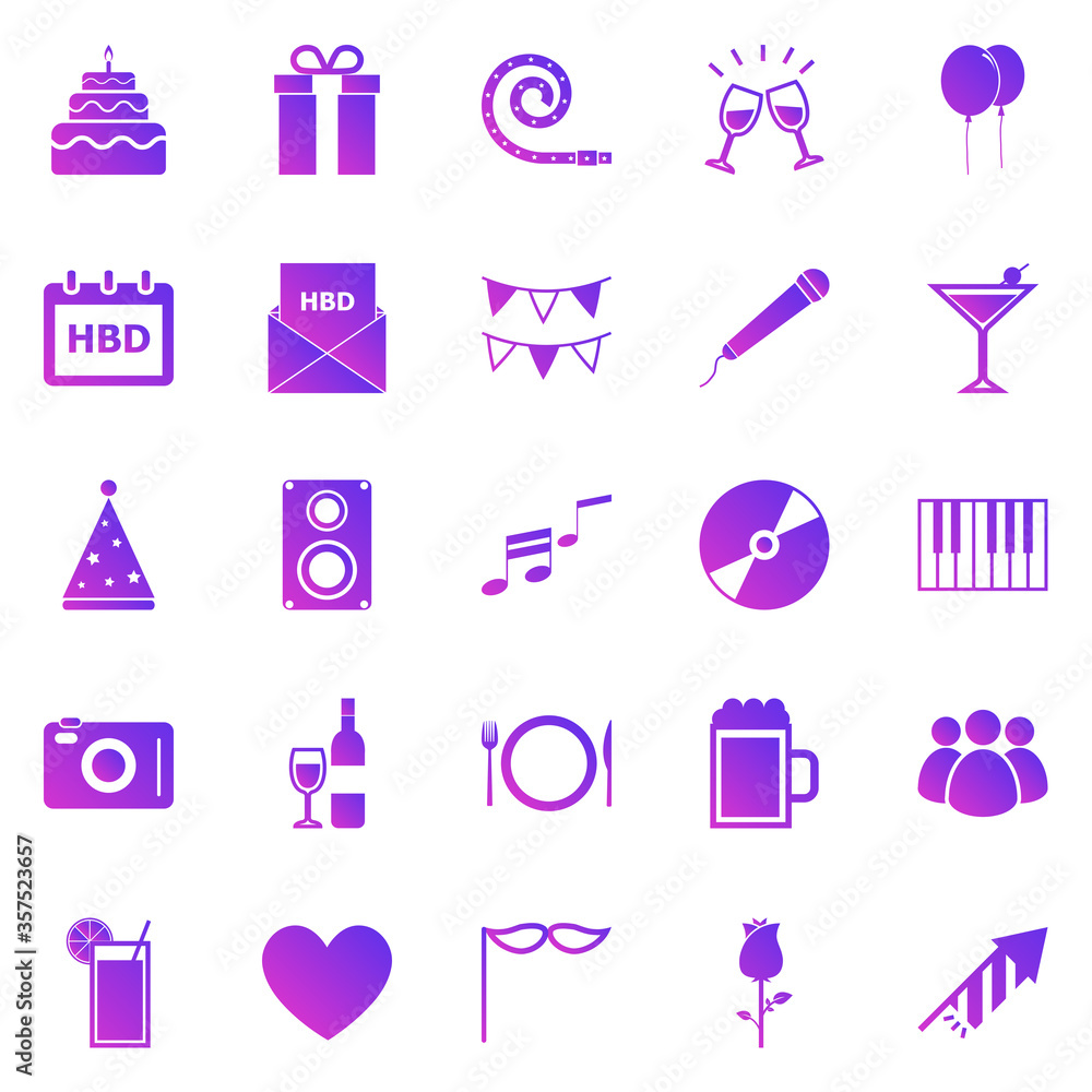 Birthday gradient icons on white backgound Birthday gradient icons on white backgound