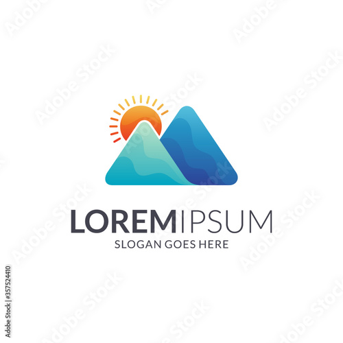 Mountain Sunrise Logo Design, Hill Landscape Logo Vector