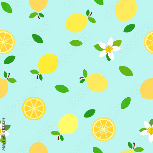 Flat design  lemons illustration with flowers and sky blue background colorful seamless pattern