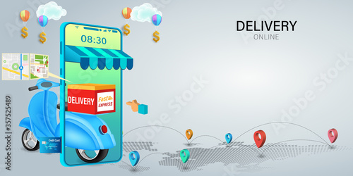 Fast delivery by scooter on mobile. E-commerce online concept. Online food order infographic. Webpage, app design. vector illustration.
