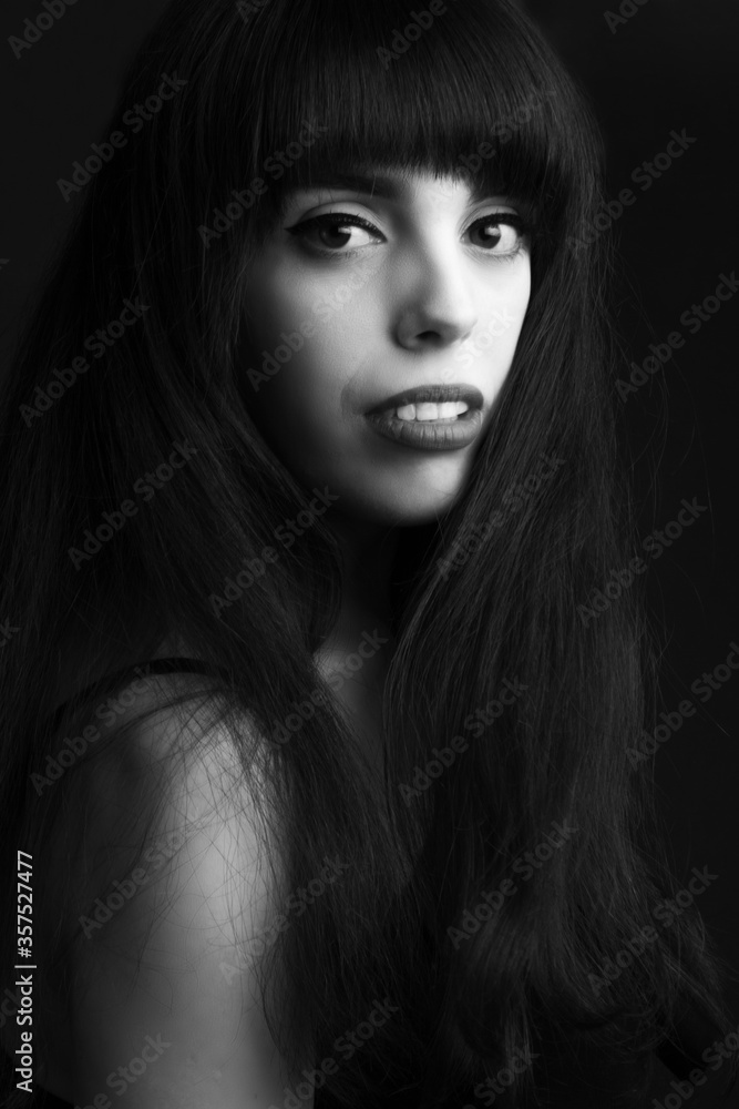 black and white portrait of brunette with long hair black and white portrait of brunette with long hair
