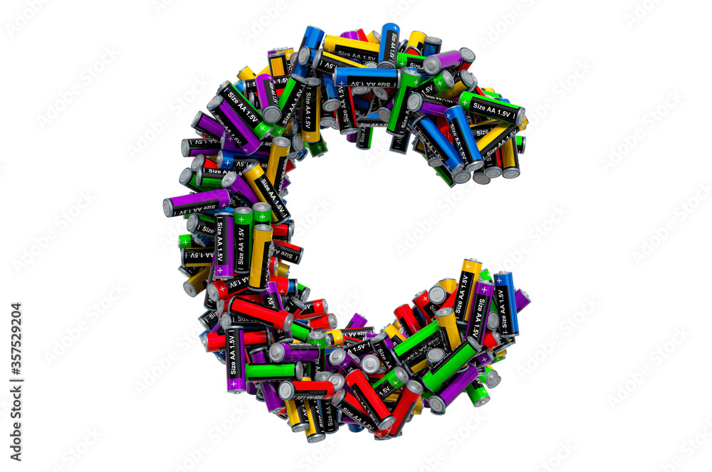 Letter C from colored AA batteries, 3D rendering