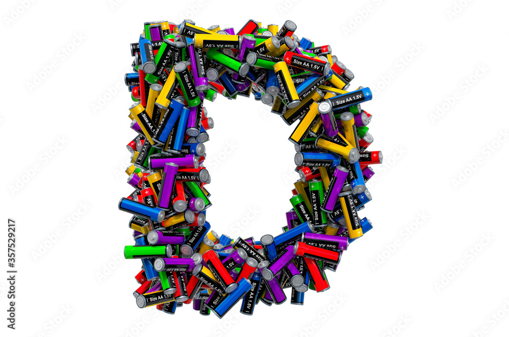 Letter D from colored AA batteries, 3D rendering Letter D from colored AA batteries, 3D rendering