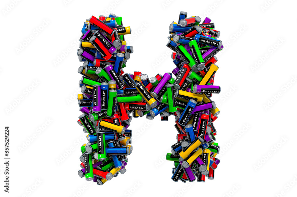 Letter H from colored AA batteries, 3D rendering