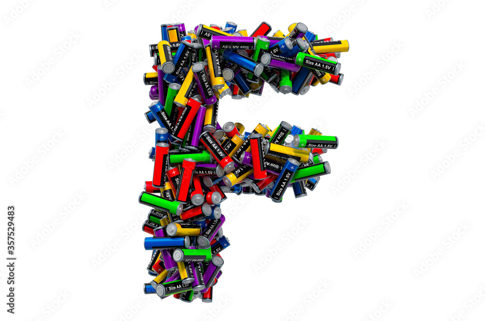 Letter F from colored AA batteries, 3D rendering