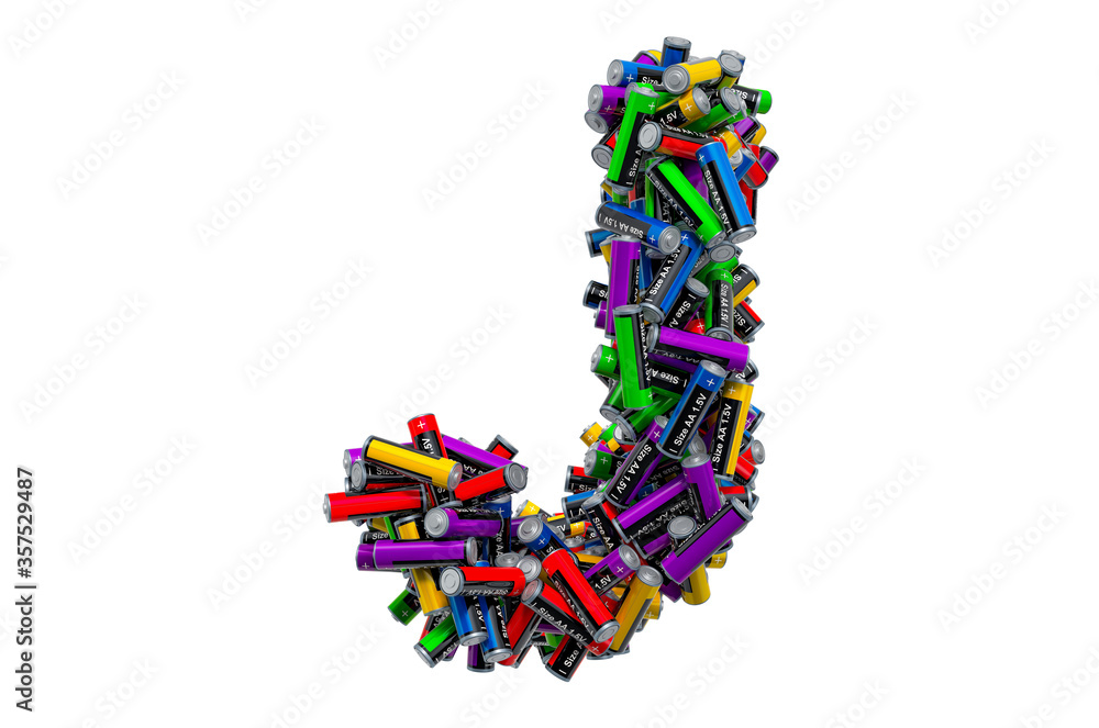 Letter J from colored AA batteries, 3D rendering