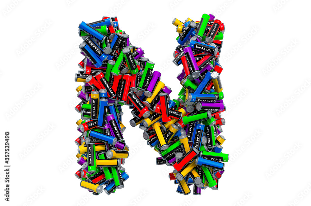 Letter N from colored AA batteries, 3D rendering