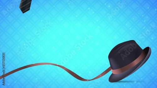 Happy Father Day Animation Concept Video Footage for greetings and promotional Advertise with Tie, Hat and Ribbon on Blue Background.