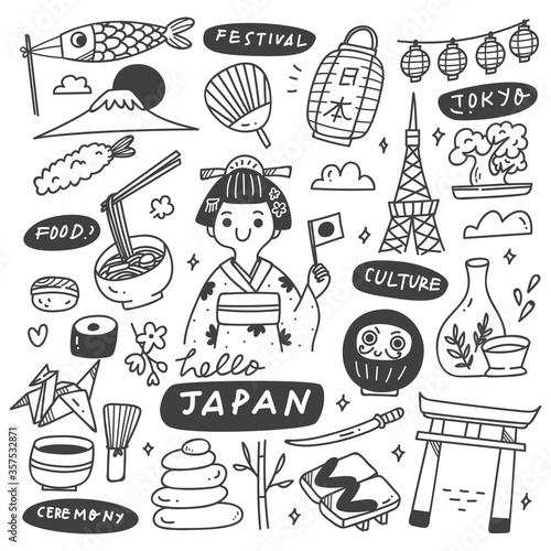 Japan Culture Doodle Set, Traditional Dress, Food and drink, and Other Related Objects