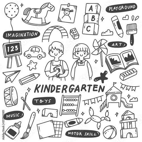 Kindergarten school equipment in doodle style illustration