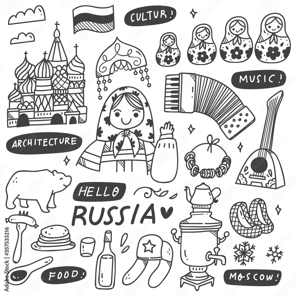 Russian Culture Doodles Set, Food and Drink, Music Instruments, Traditional Clothes, Building Russian Culture Doodles Set, Food and Drink, Music Instruments, Traditional Clothes, Building