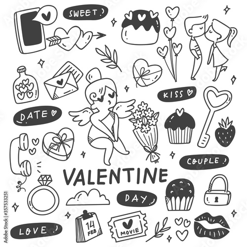 Set of Hand Drawn Valentines in Doodle Style, Suitable for Background, Fabric Print
