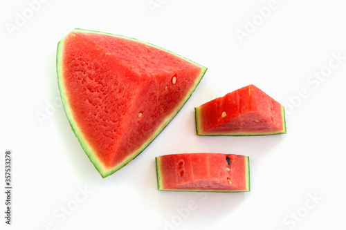 Close up piece of sliced watermelon isolated on white background