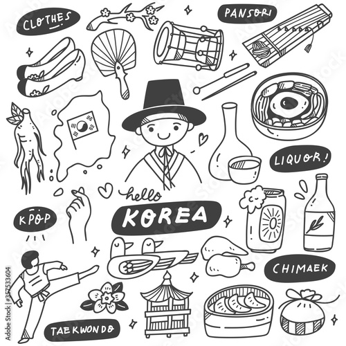 Hand Drawn Korea Doodle Set, Traditional Clothes, Food and Drink, culture