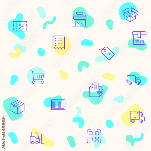 Seamless pattern on the theme of e-commerce and shopping. Collection of decorative store, delivery, package, box, coupon, cart, adding, shipping, tags, market and other elements. 