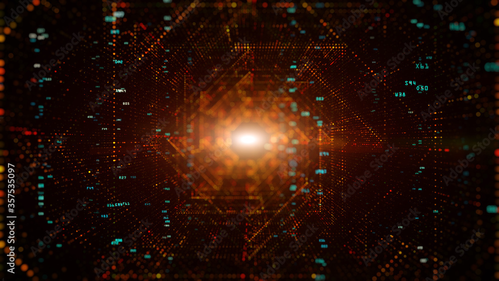 Fototapeta premium Digital tunnel of cyberspace with particles and Digital data, Technology network connections background concept.