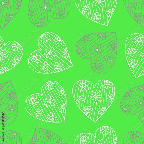 Decorative hearts of white and gray on a green background. Background from hearts. Seamless background, pattern. The pattern can be applied to fabric, wallpaper or wrapping paper.