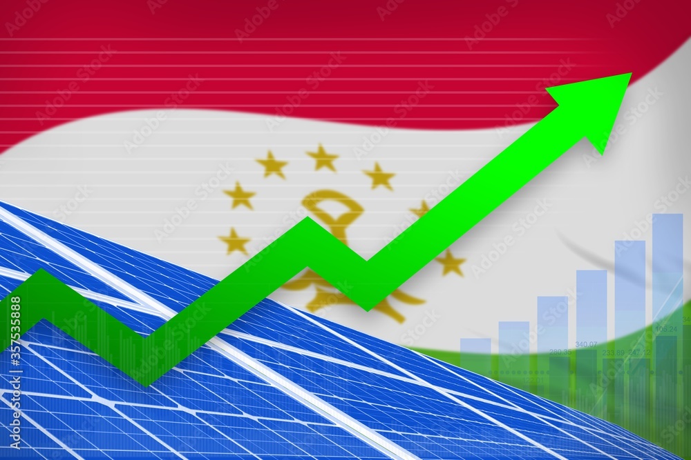 Fototapeta premium Tajikistan solar energy power rising chart, arrow up - modern natural energy industrial illustration. 3D Illustration