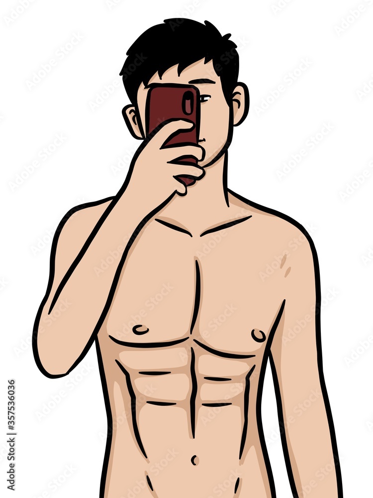 Cartoon man use mobile for selfie Cartoon man use mobile for selfie
