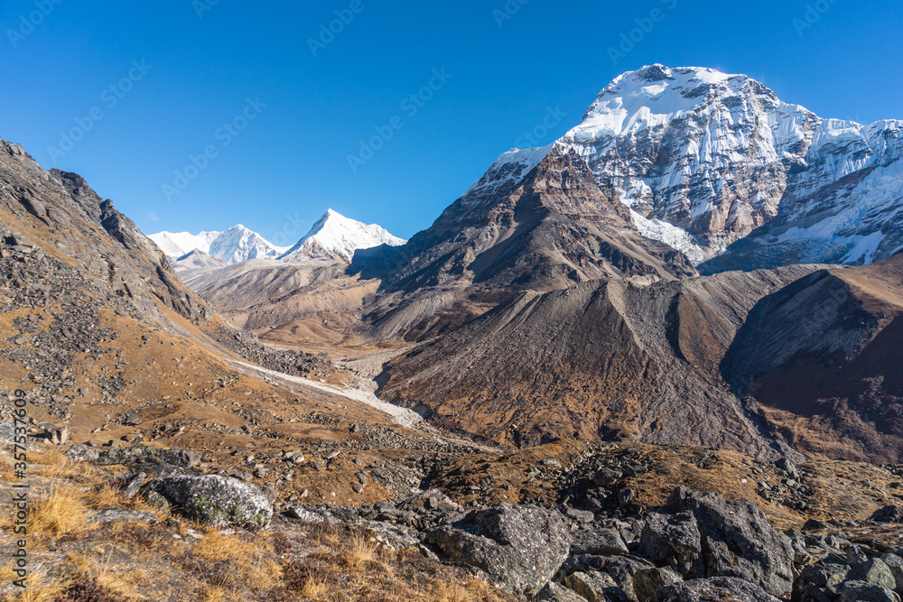 Chamlang mountain peak a long the way to Amphulapcha high mountain pass, Everest region, Himalaya mountains range in Nepal