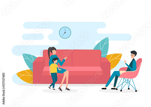 Mother and kid on visit to child psychologist on white background, vector illustration in flat style