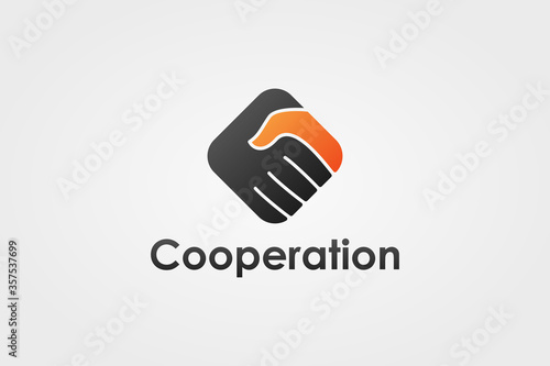 Handshake Logo. Two Hands Make a Deal in Black and Red Square Rounded Shape isolated on White Background. Usable for Business and Cooperation Logos. Flat Vector Logo Design Template Element.