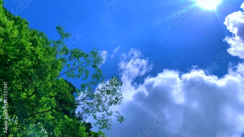 真夏の青空と雲と太陽