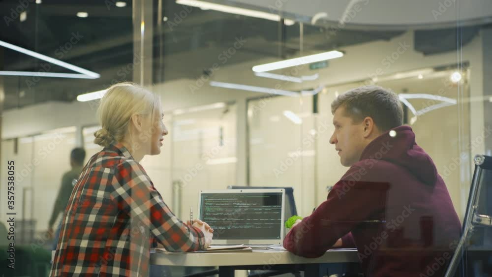 Side view of young man and woman sitting at desk and discussing code on laptop screen behind glass in office, people walking in background Side view of young man and woman sitting at desk and discussing code on laptop screen behind glass in office, people walking in background