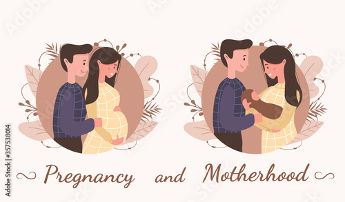 Pregnancy and motherhood. Happy family waiting for baby. Cute pregnant woman with her husband and child. Modern vector Illustration in flat style.