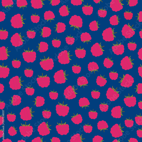Yummy raspberries on dark blue background, vector seamless pattern. Organic berries texture. Wallpaper, textile design