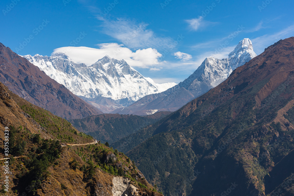 Himalayas mountain range along the way to Everest base camp including Everest, Nuptse, Lhotse, and Ama Dablam, Nepal