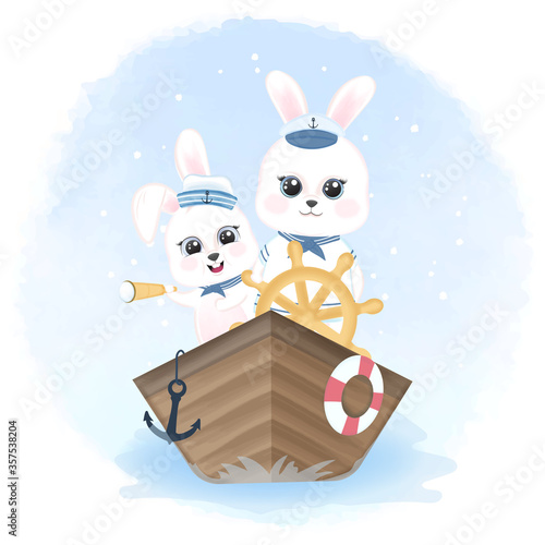 Cute rabbits sailor driving boat hand drawn cartoon animal watercolor illustration
