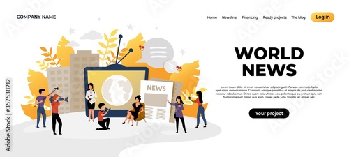 News landing page. Mass media and online news source web page concept, content creating and interview recording. Vector illustration social journalism website for internet communication