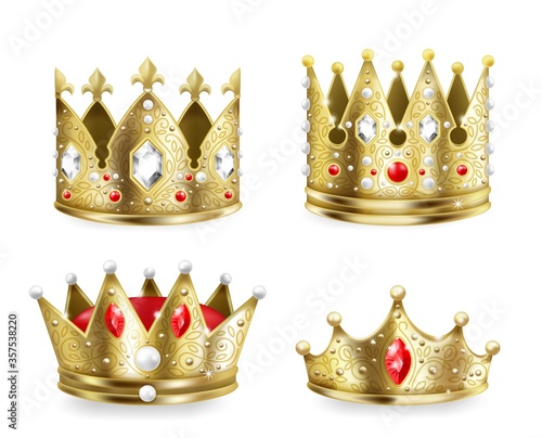 Golden crowns. 3D realistic royal heraldic decoration element, King and queen medieval luxury set. Vector image heraldic decoration, isolated golden monarchy crowns