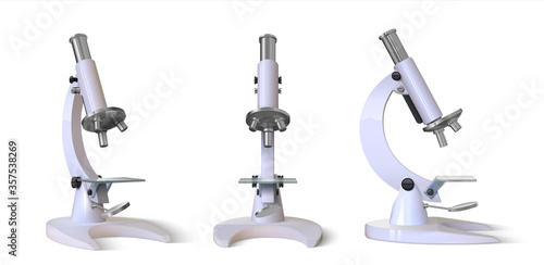 Realistic microscope. 3D Science and medical instrument for research, laboratory magnification tool for study and survey. Vector isolated set illustration lab grey tools on white background