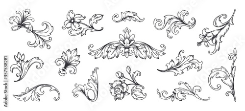 Baroque ornament. Vintage floral border elements, engraved leaves and frame filigree arabesque. Vector decorative vintage ornamental set for decorative illustration or engraving photo