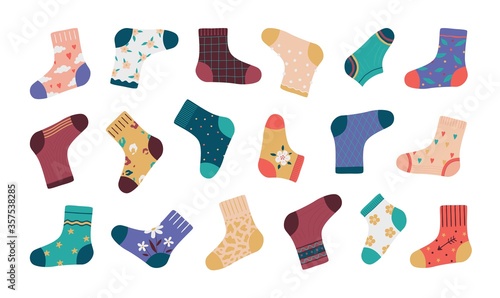 Socks. Cartoon fashion socks isolated set, funny doodle footwear with simple pattern and different stylish elements. Vectors illustration collection trendy apparel for kids