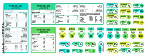 Nutrition table. Information table of ingredients and calories, labels with daily value of salt sugar fat and saturates. Vector nutrition label facts about vitamins on food photo