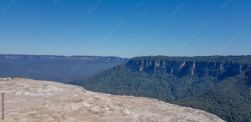 panoramic view of the blue mountains from rock ledge