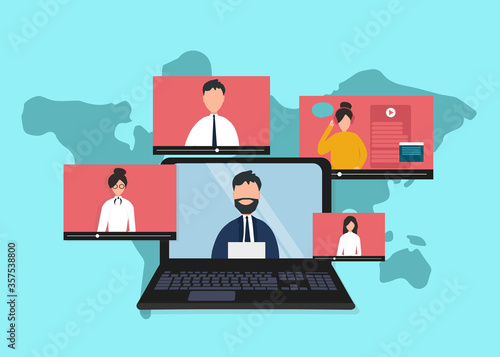 People having online discussion, opinion exchange or video conference, vector illustration in flat style