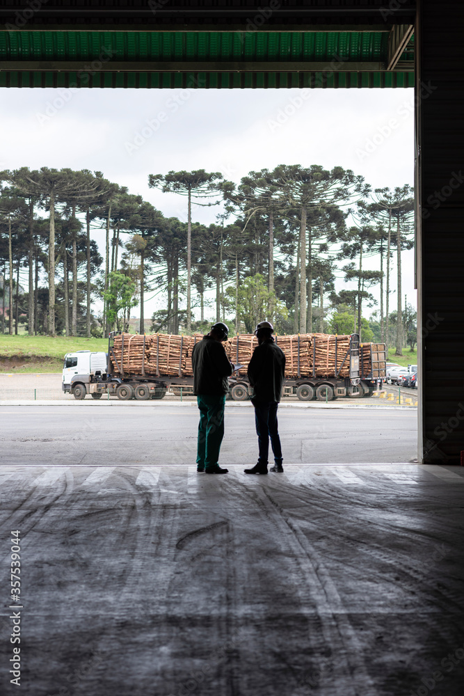 workers meeting at gate of shed factory with wood loaded trucks at background