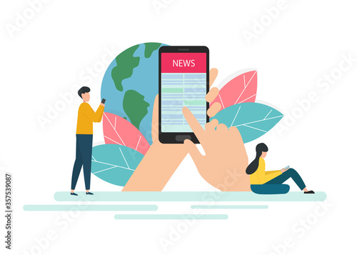 Young men and women using their own smart phones for reading news