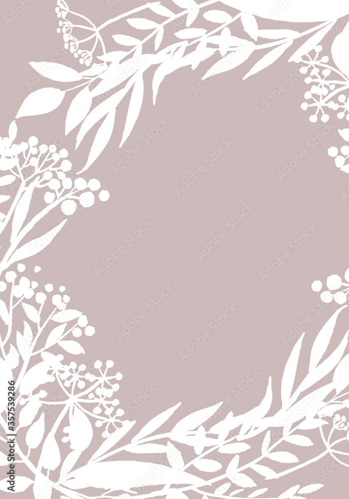 Floristic card flowers and twigs. Hand drawn illustration. White painting of flowers and twigs on beige background.