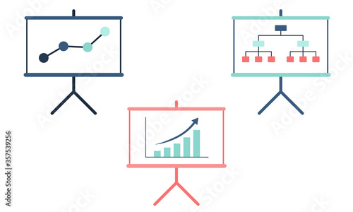 Set of three vectors of blue  teal and orange presentation whiteboards with bar charts  graphs and hierarchy showing structure and growth. Great as icons for infographics  business  growth and success