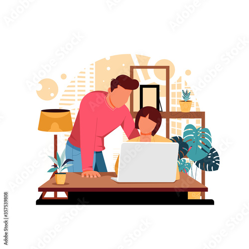 a portrait of boy and girl discussing for their work, flat design concept. vector illustration