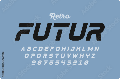 Retrofuturism style font design, alphabet letters and numbers
