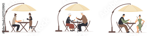 Set of men and women sitting at tables under umbrella in cafe or restaurant talking to each other, drinking coffee or wine,making an order to waitress during epidemic of virus. Vector illustration